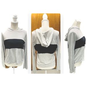 A FINE LINE | S | Crop Raw Hem Hoodie Pullover Bell Striped Colorblock Trim Top